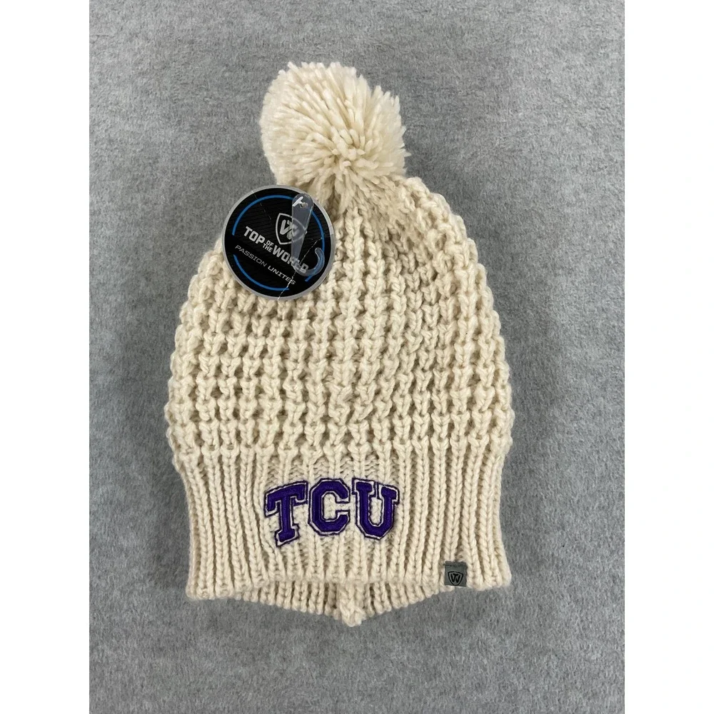 Top of the World TCU Horned Frogs Cream Chunky Knit Pom Beanie Hat NWT